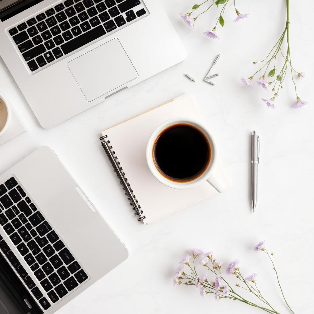 Escritorio femenino con laptop y café